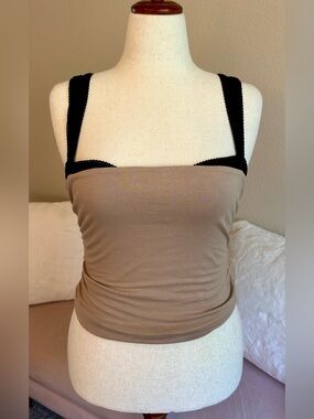 Free People 2 Tone Picot Trims Fitted Tank Top Taupe Putty & Black Sz L Romantic